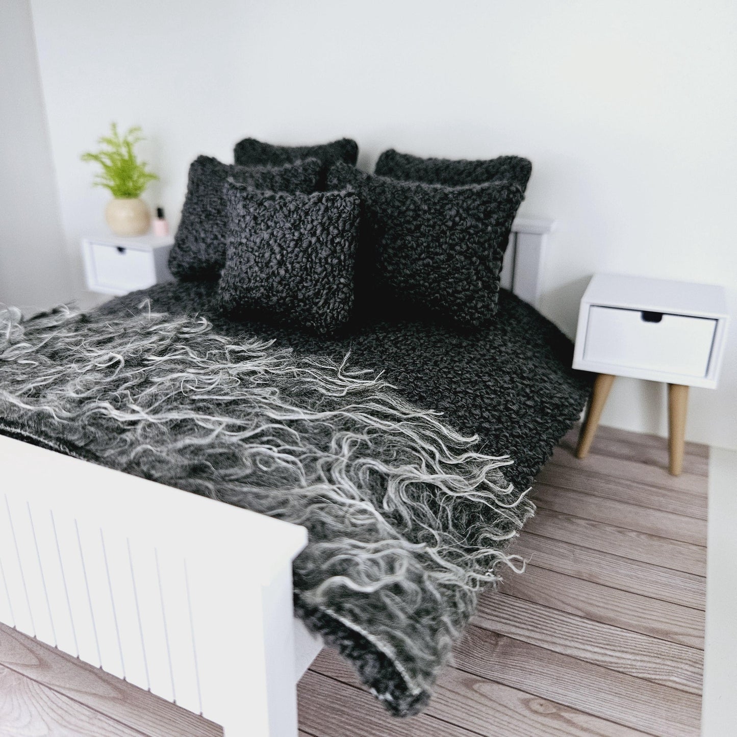 Dolls house 7 piece set, Double bedding, Cosy Steel Grey boucle with grey fur throw, 12th scale bedding, miniature bed set