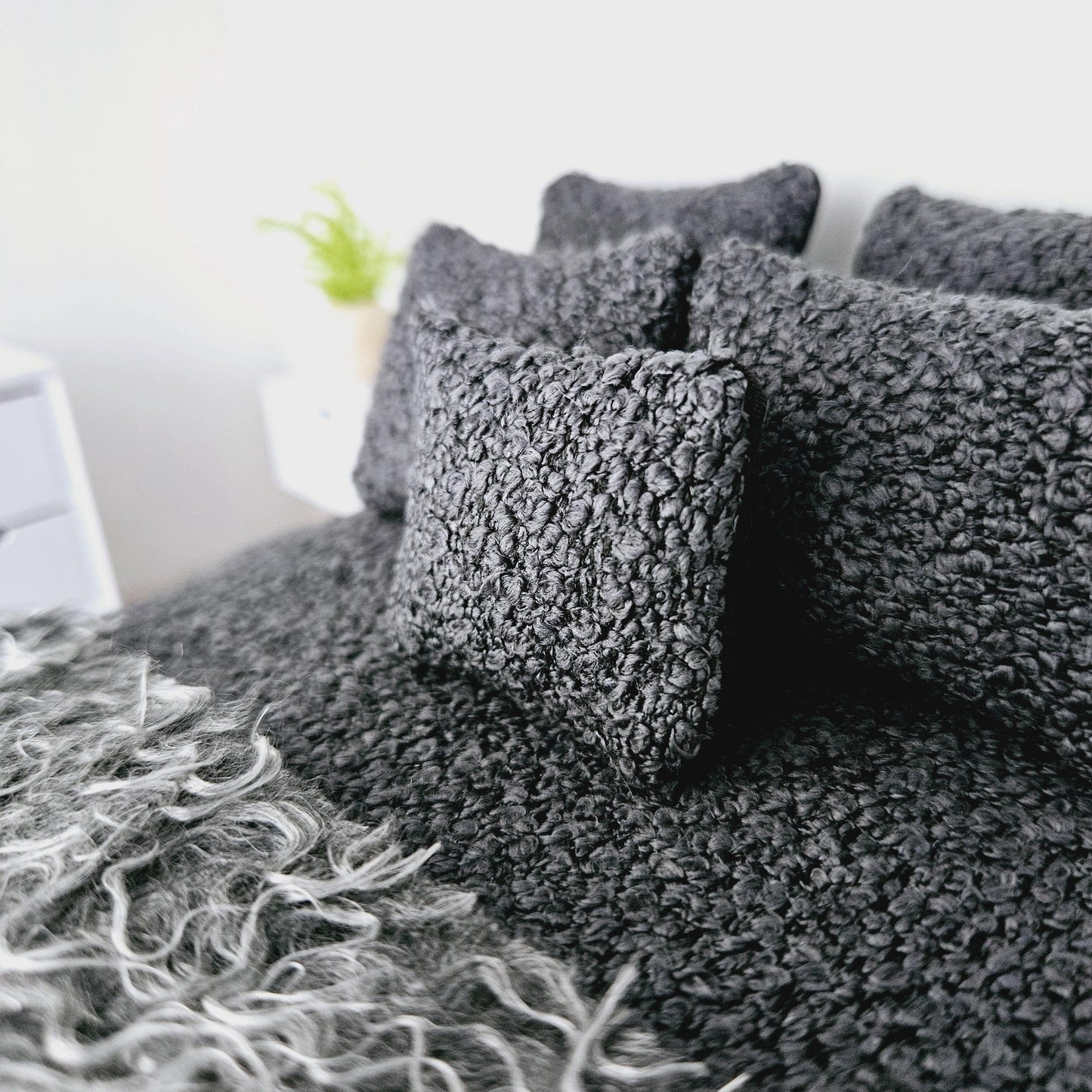 Dolls house 7 piece set, Double bedding, Cosy Steel Grey boucle with grey fur throw, 12th scale bedding, miniature bed set