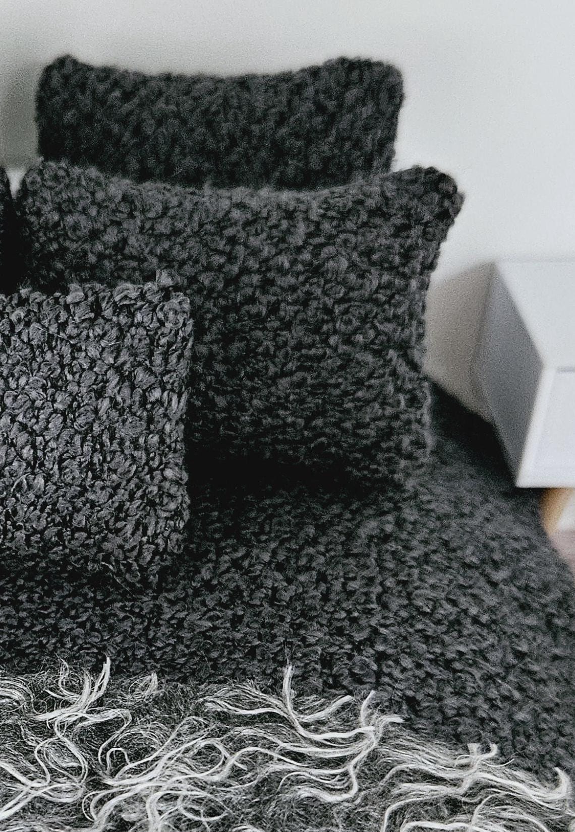 Dolls house 7 piece set, Double bedding, Cosy Steel Grey boucle with grey fur throw, 12th scale bedding, miniature bed set