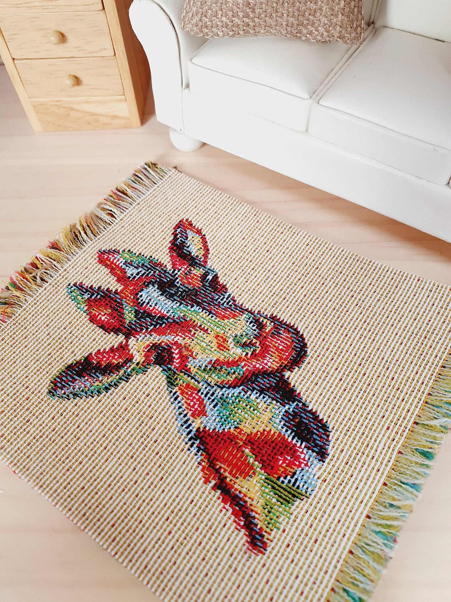 Dolls House Beige Rug with Colourful Giraffe | Linen Look Rug | 1:12th Scale