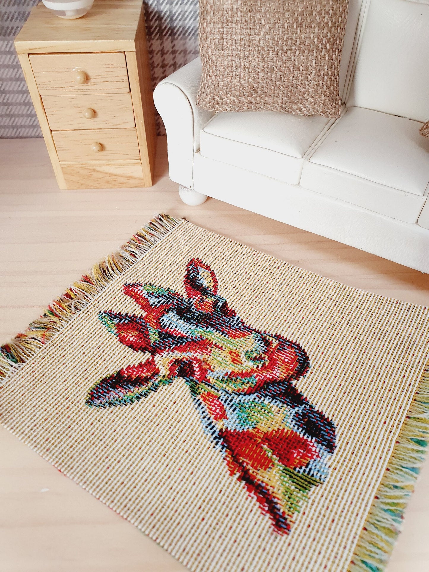 Dolls House Beige Rug with Colourful Giraffe | Linen Look Rug | 1:12th Scale