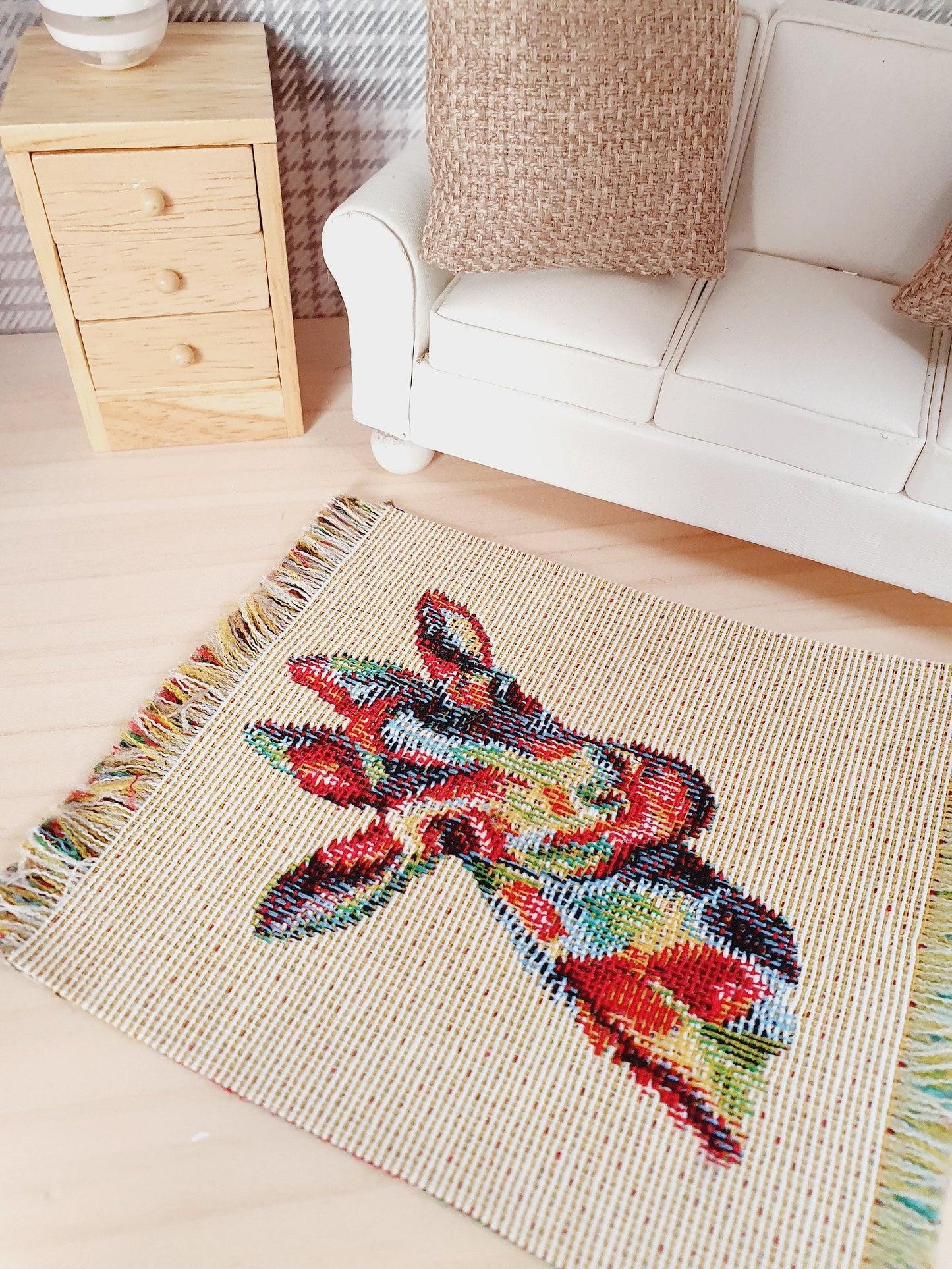 Dolls House Beige Rug with Colourful Giraffe | Linen Look Rug | 1:12th Scale