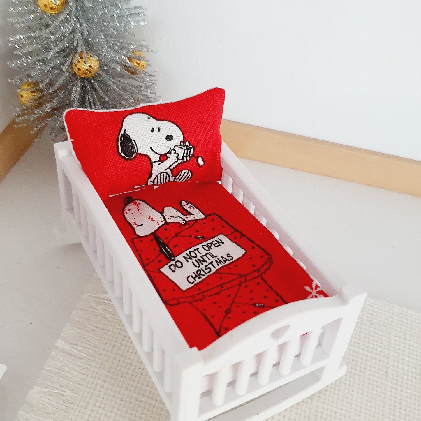 Dolls House Christmas Crib Bedding, Cute little snoopy, 12th scale miniature bedding