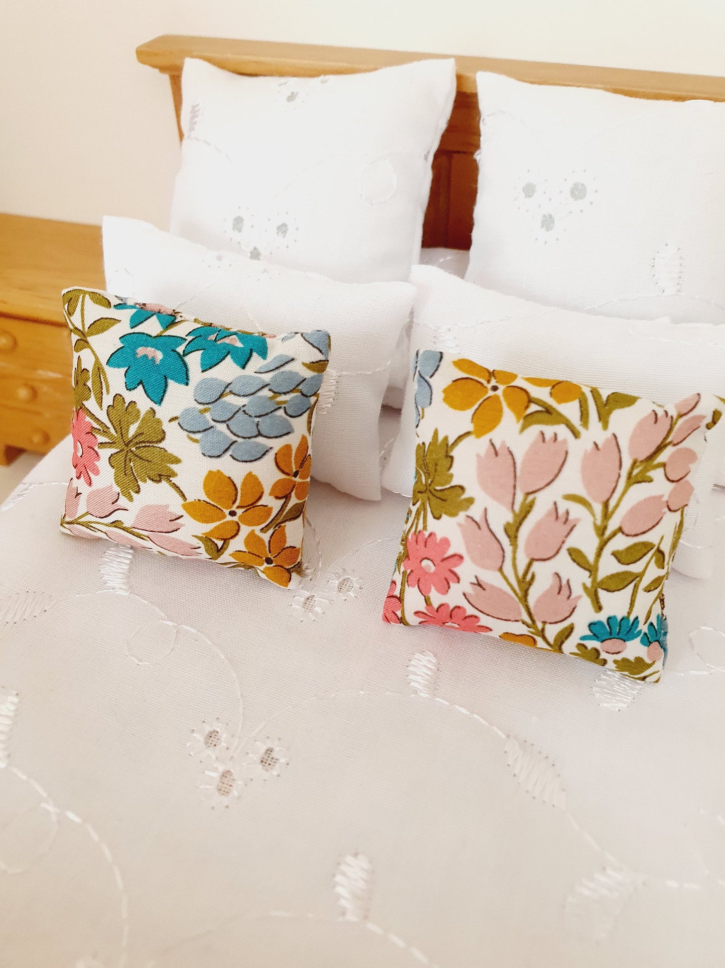 Dolls house 2x Liberty Floral Print cushions, Choice of colours , 12th scale cushions, miniature cushions
