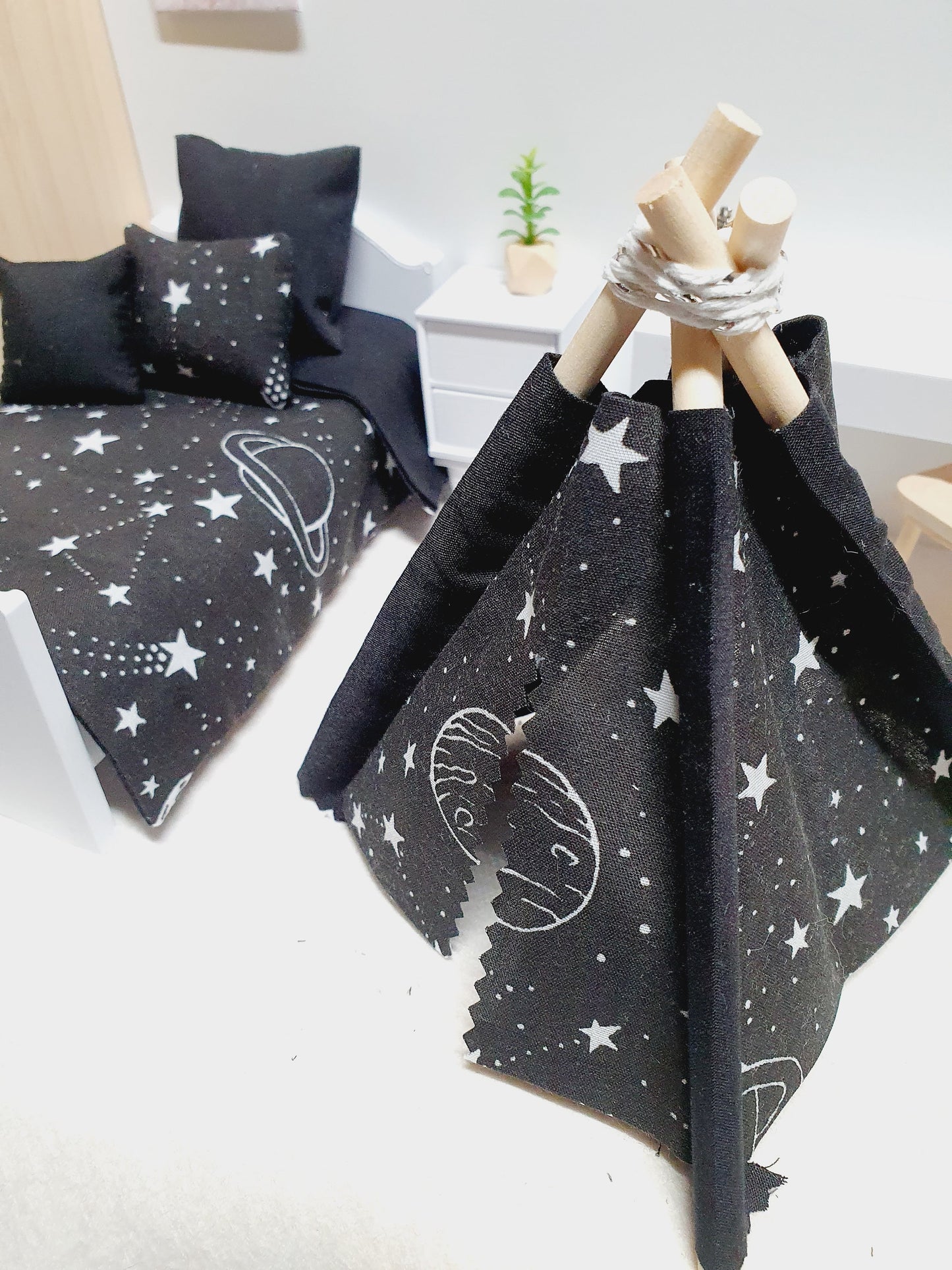 Dolls house Black Space Planet Stars bedding Single Set, 12th scale bedding, miniature bed set