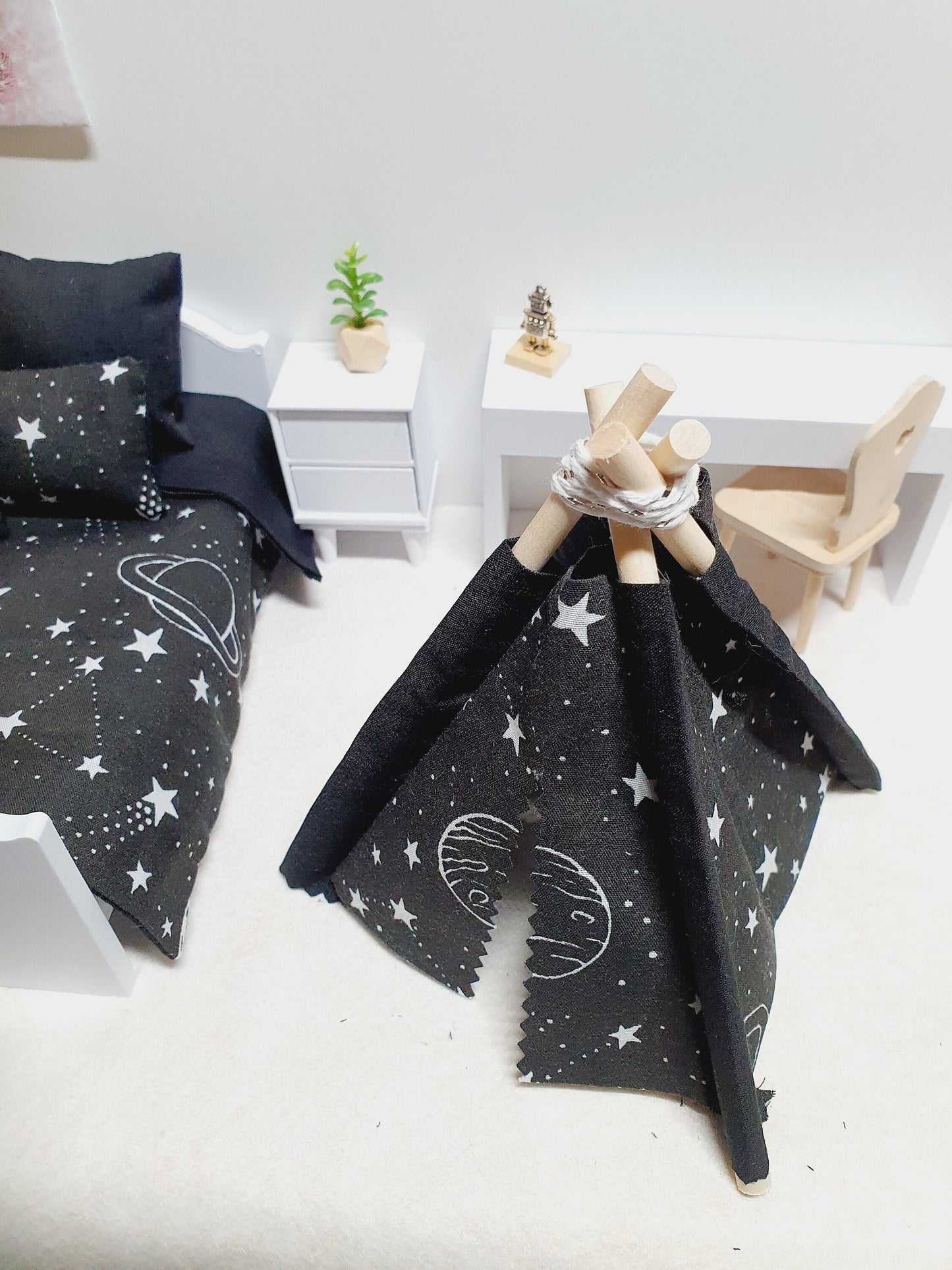 Dolls house Black Space Planet Stars bedding Single Set, 12th scale bedding, miniature bed set