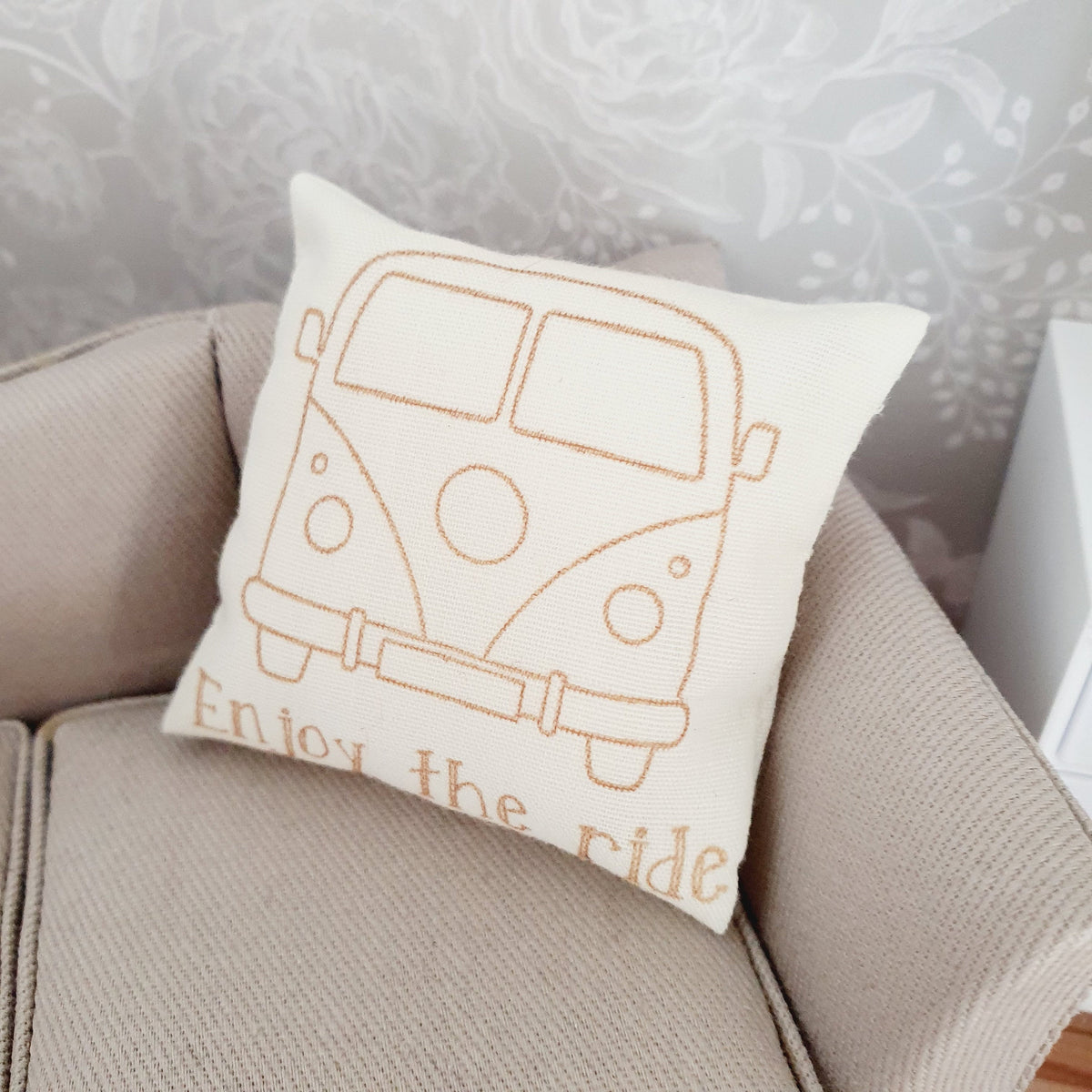 Dolls house Enjoy the ride VW Campervan Cushion, Campervan cushion, 12th scale cushions, miniature cushion