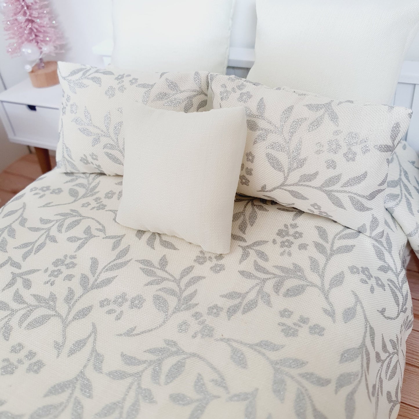 Dolls House Christmas 6 piece bedding set, Double bedding, Cream with silver leaves, 12th scale bedding, miniature bed set