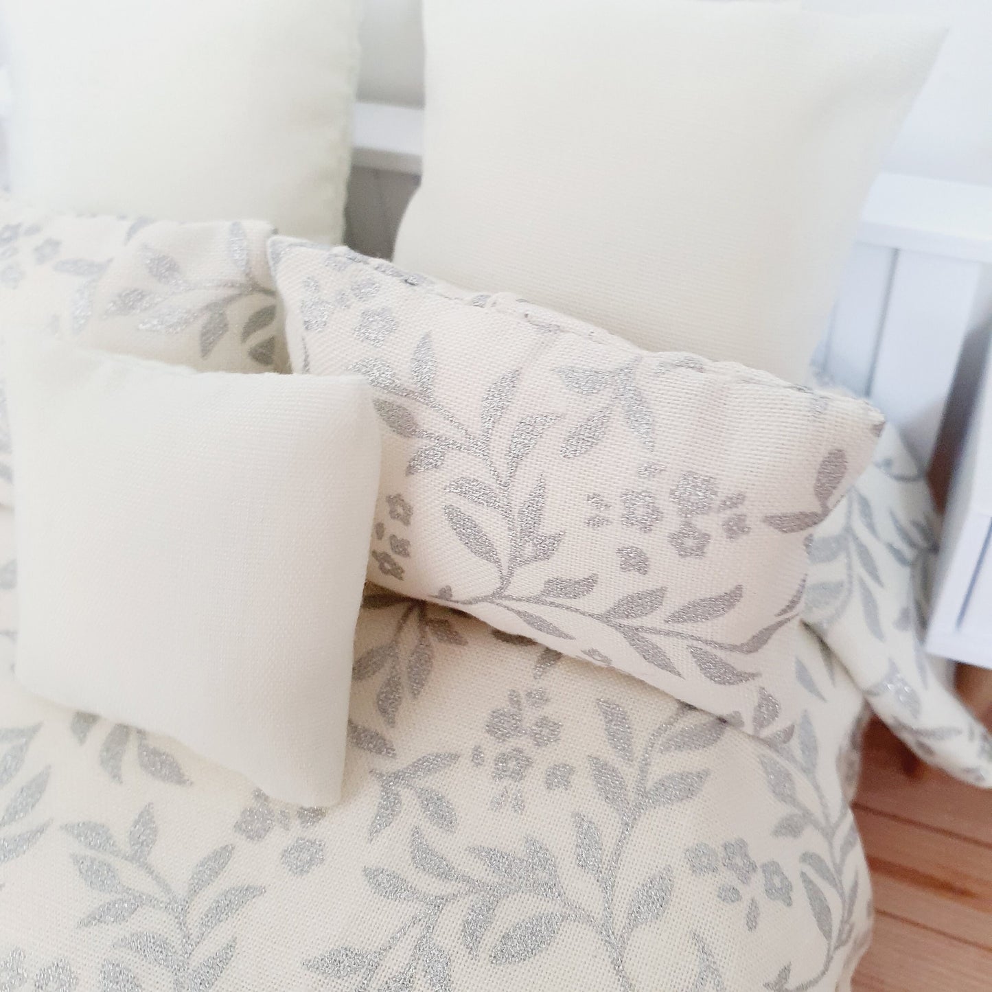 Dolls House Christmas 6 piece bedding set, Double bedding, Cream with silver leaves, 12th scale bedding, miniature bed set