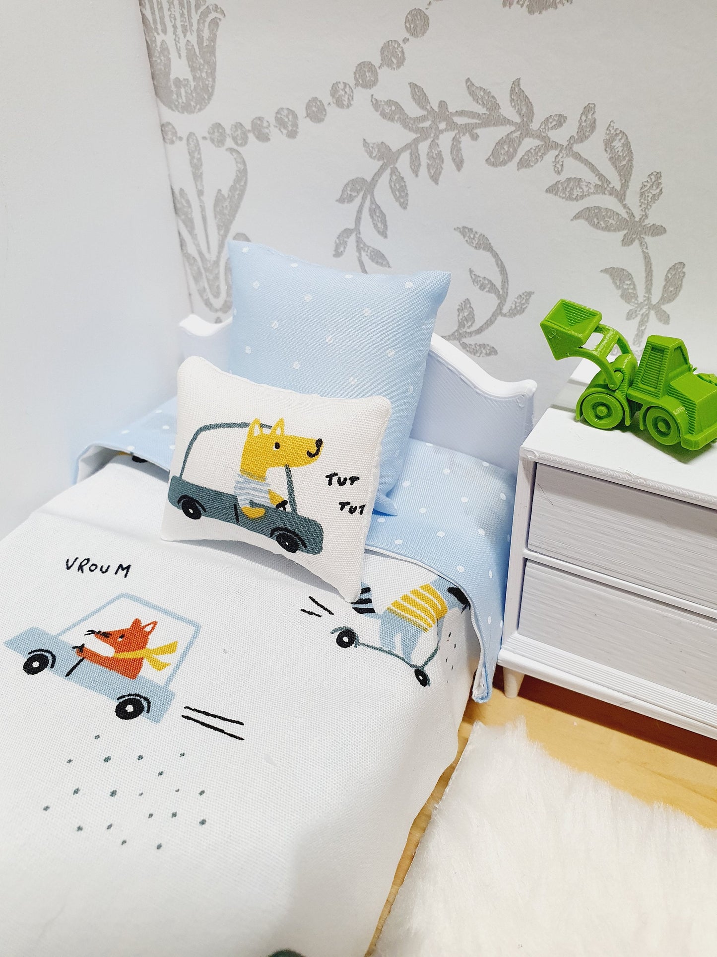 Dolls House Car Design Single Bedding Set, Boys Room 12th Scale Bedding