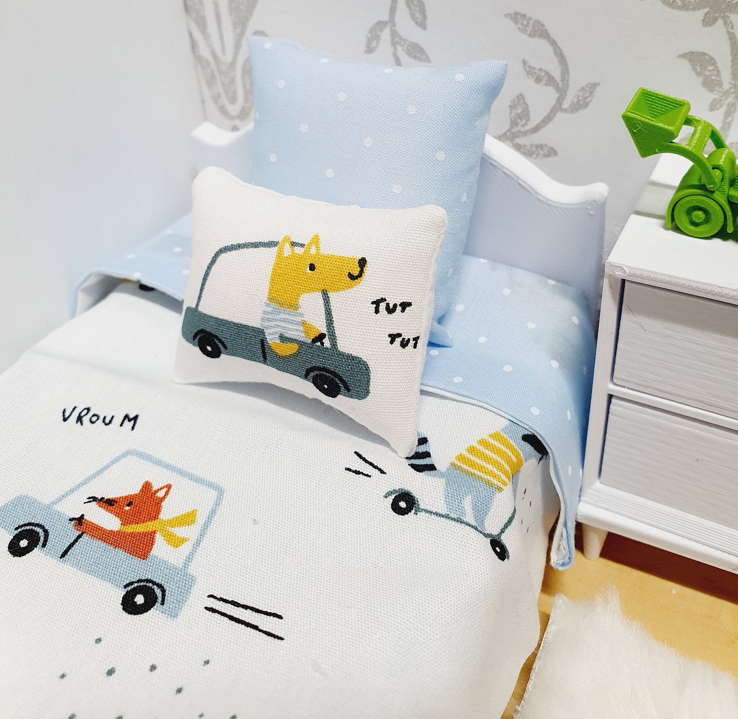 Dolls House Car Design Single Bedding Set, Boys Room 12th Scale Bedding