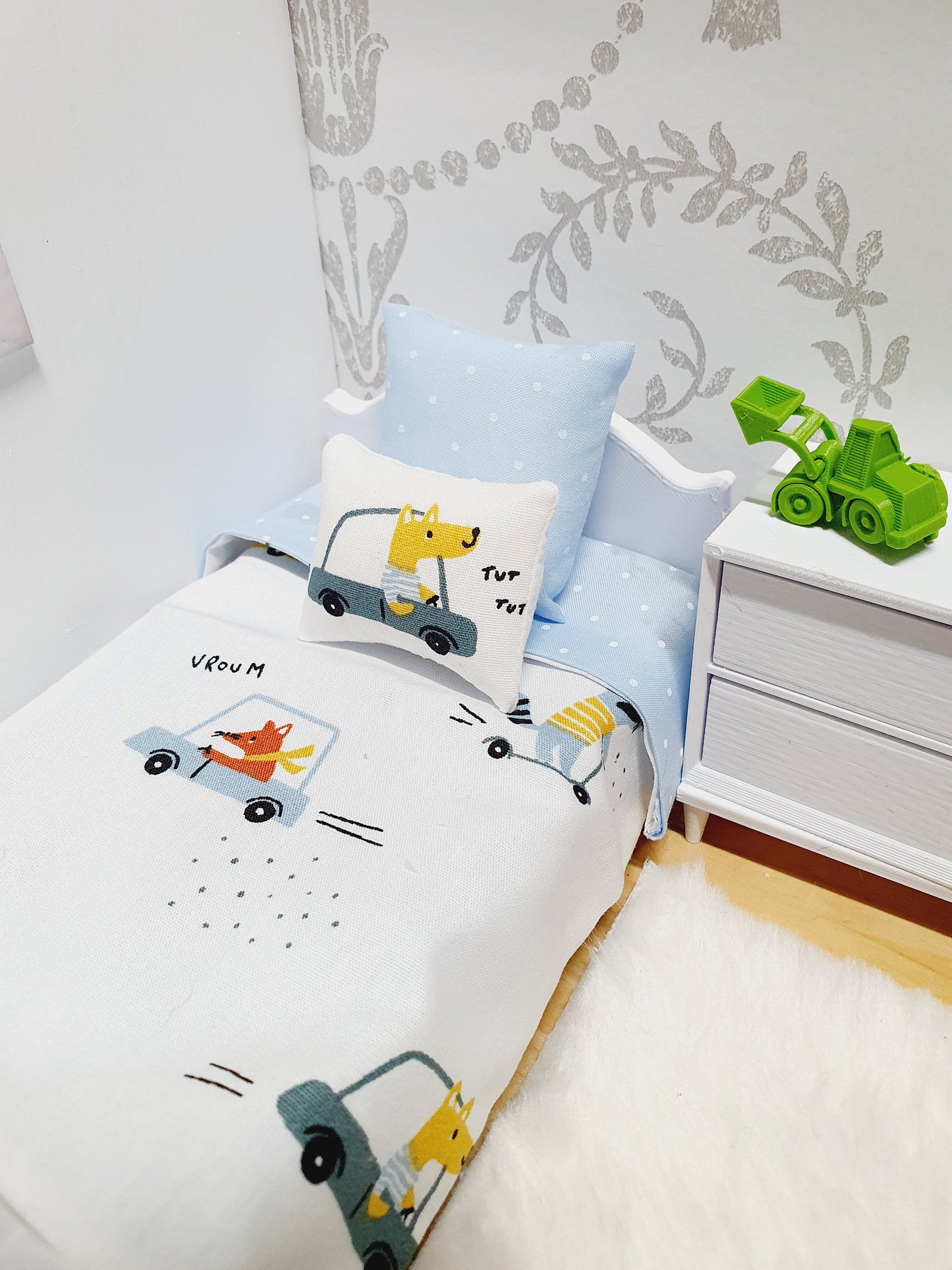 Dolls House Car Design Single Bedding Set, Boys Room 12th Scale Bedding