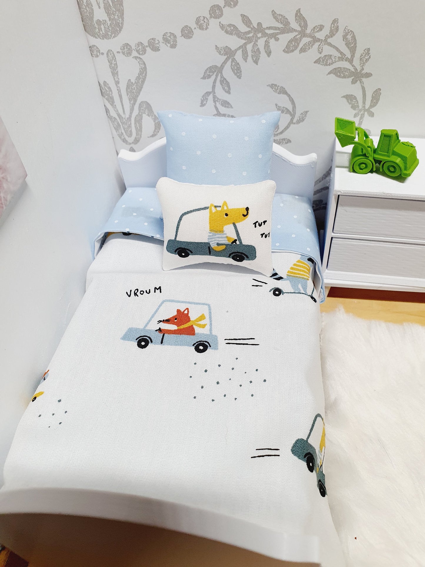 Dolls House Car Design Single Bedding Set, Boys Room 12th Scale Bedding