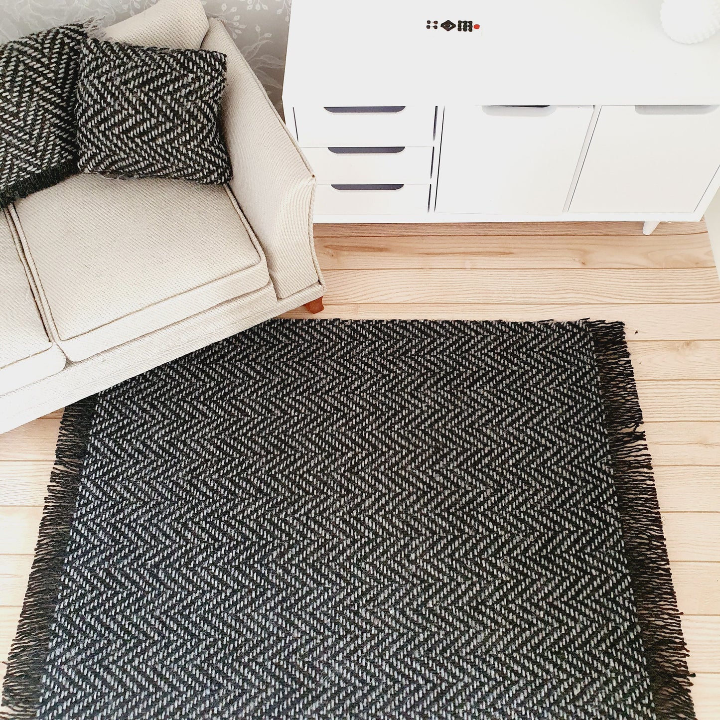 Dolls House Black Herringbone Rug | 1:12th Scale | Miniature Rug