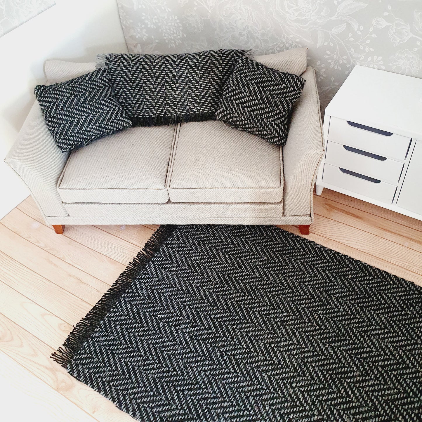 Dolls House Black Herringbone Rug | 1:12th Scale | Miniature Rug