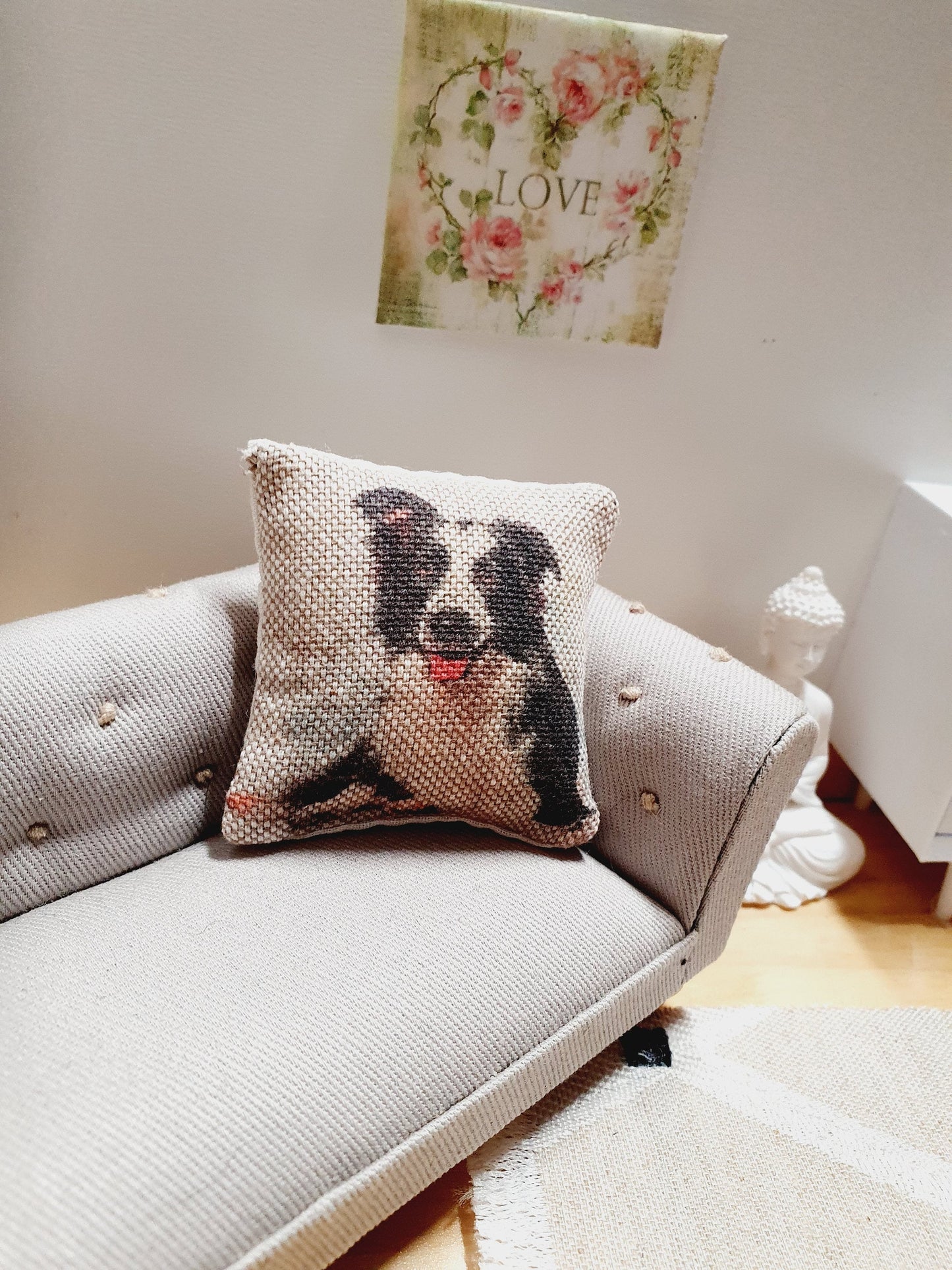 Dolls house Border Collie Cushion, 12th scale cushions, miniature cushion
