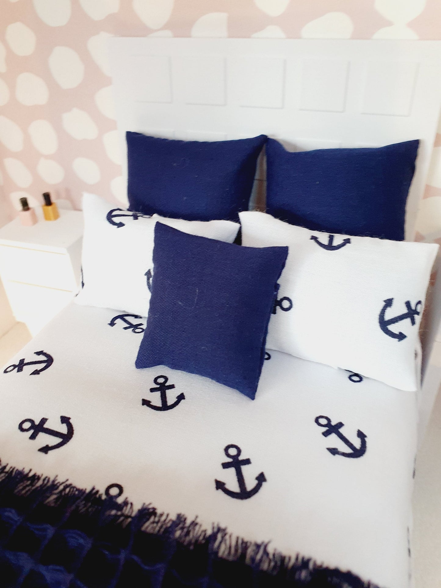 Dolls house Nautical 6 piece set, Double bedding, Navy & White double bedding set, 12th scale bedding, miniature bed set