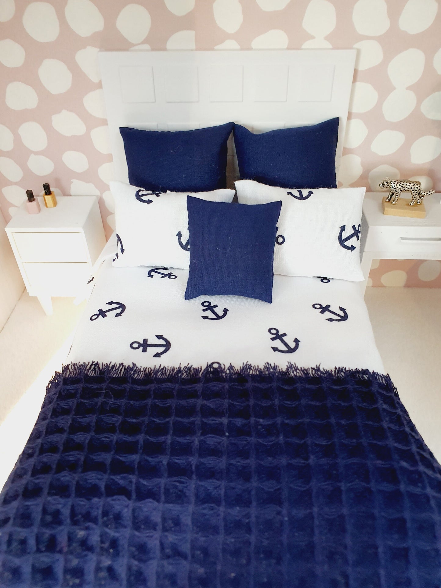 Dolls house Nautical 6 piece set, Double bedding, Navy & White double bedding set, 12th scale bedding, miniature bed set