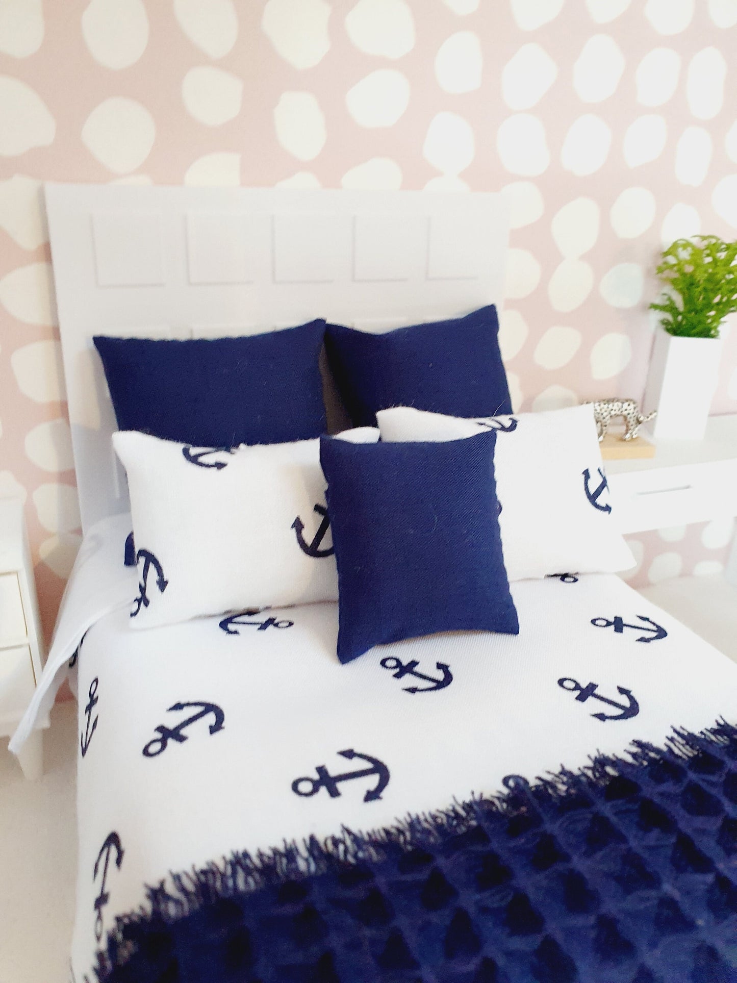 Dolls house Nautical 6 piece set, Double bedding, Navy & White double bedding set, 12th scale bedding, miniature bed set