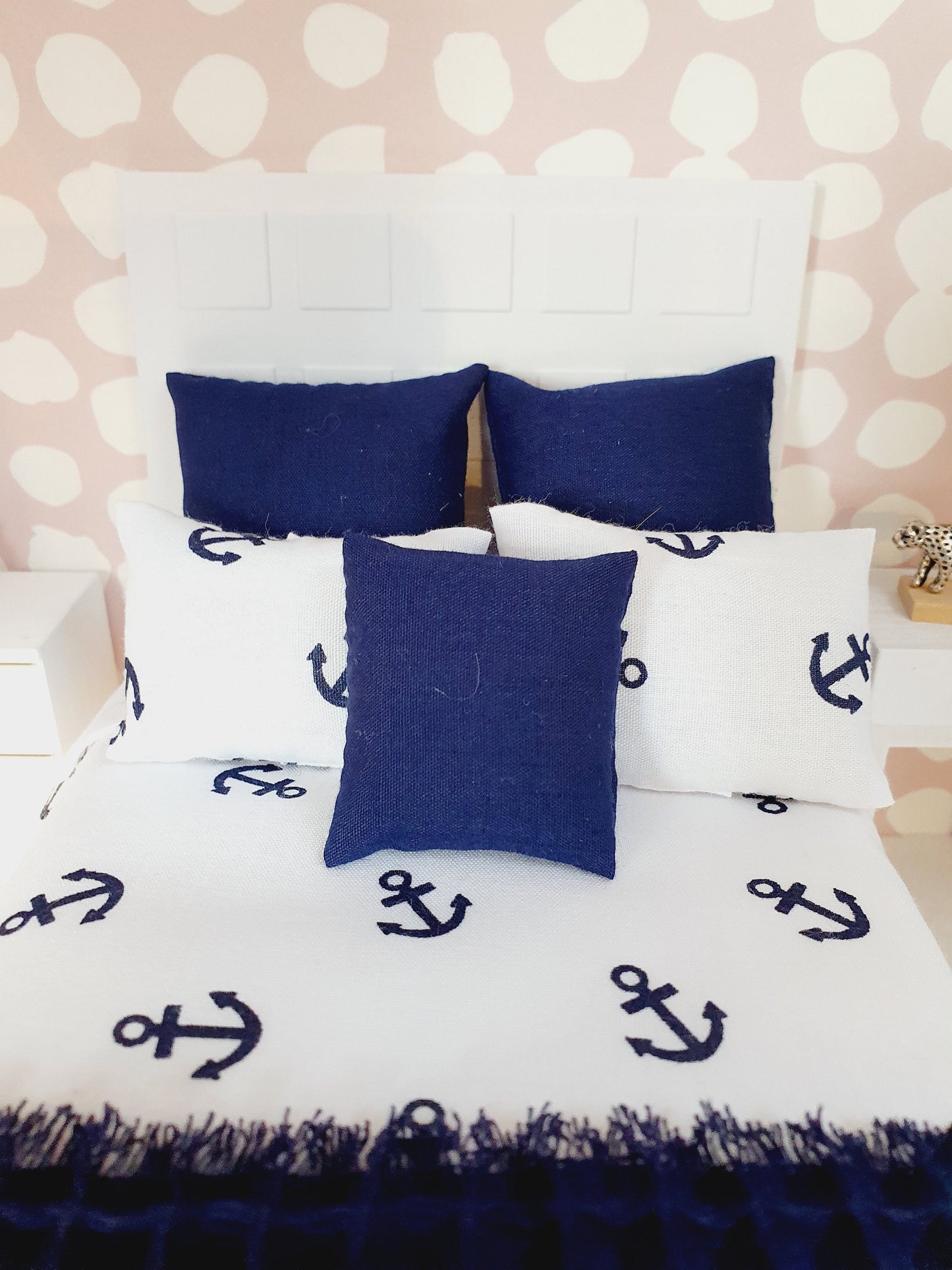 Dolls house Nautical 6 piece set, Double bedding, Navy & White double bedding set, 12th scale bedding, miniature bed set