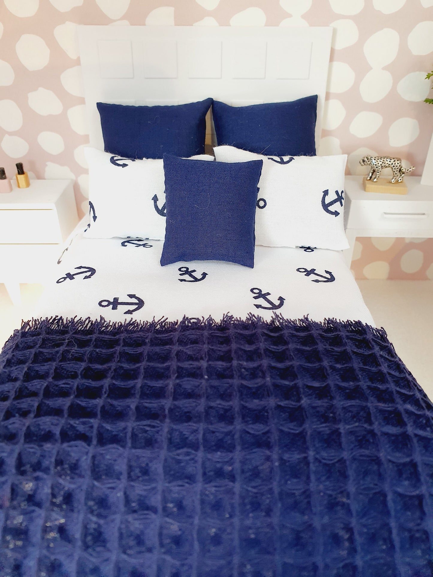 Dolls house Nautical 6 piece set, Double bedding, Navy & White double bedding set, 12th scale bedding, miniature bed set