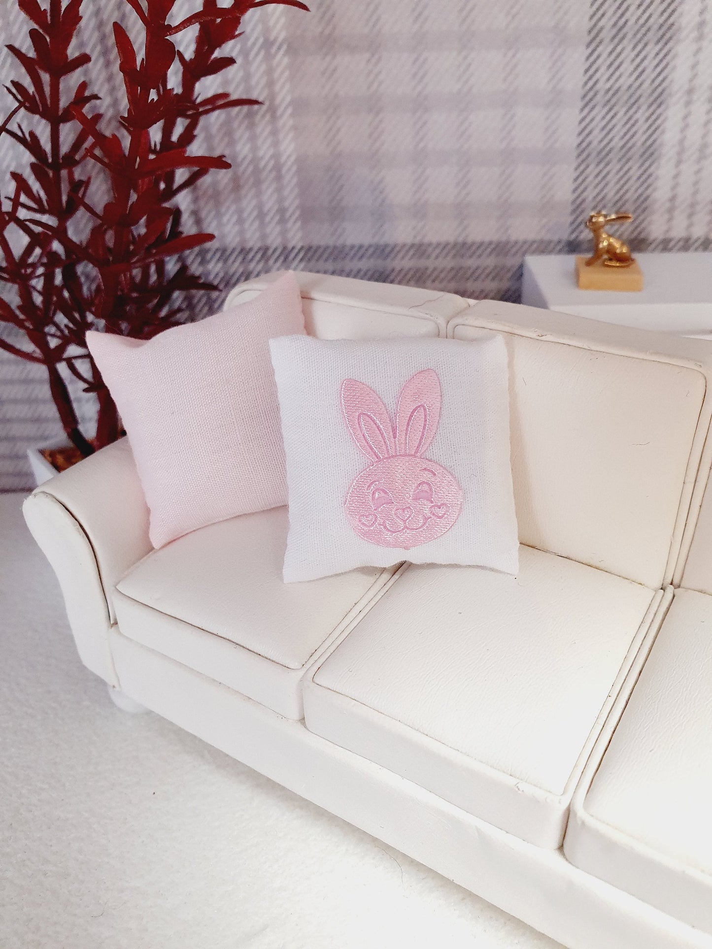 SALE!! Dolls house 2x Easter cushions, 1x Plain & 1x white with pink or lilac bunny, 12th scale cushions, miniature cushions
