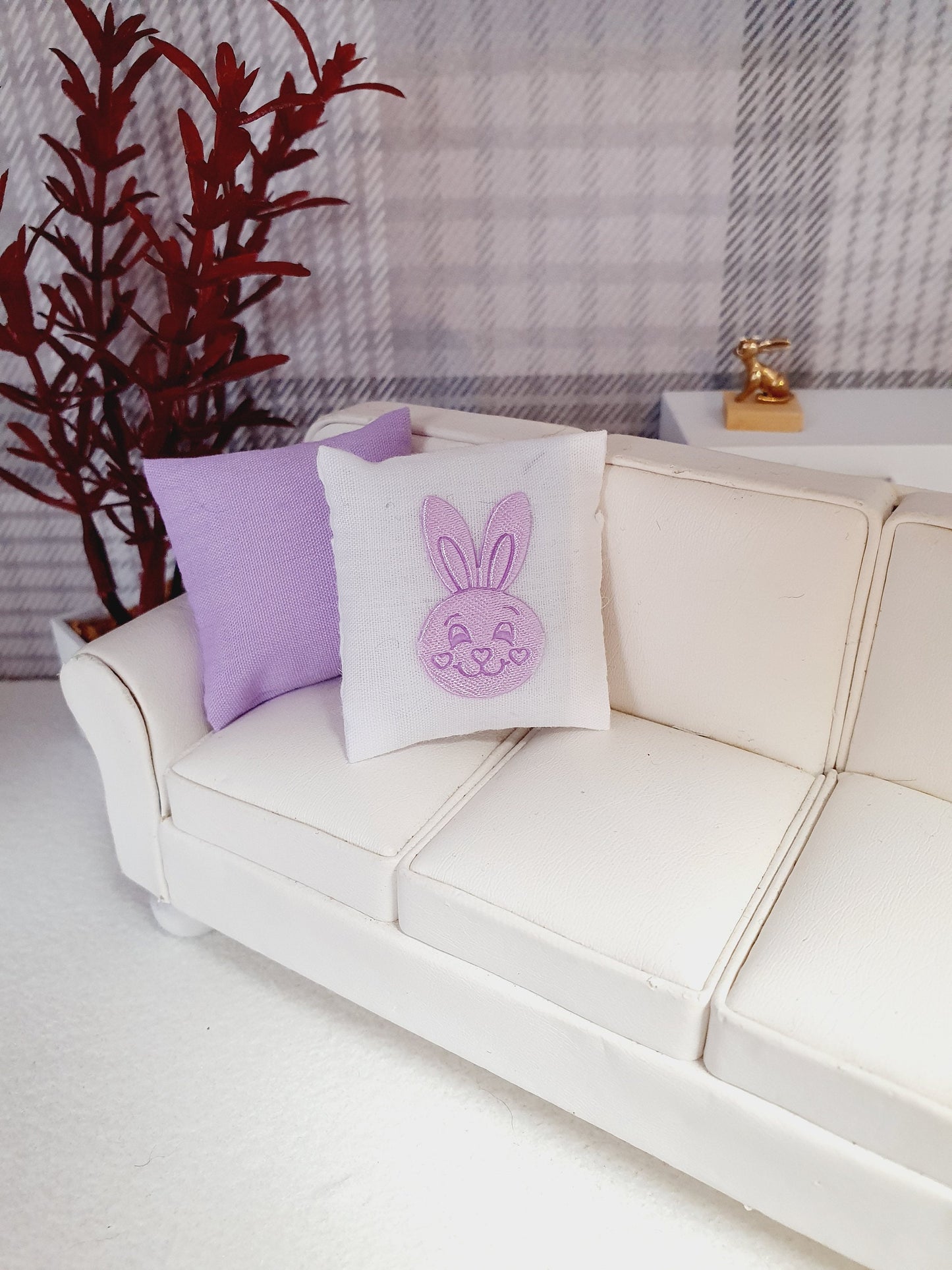 SALE!! Dolls house 2x Easter cushions, 1x Plain & 1x white with pink or lilac bunny, 12th scale cushions, miniature cushions