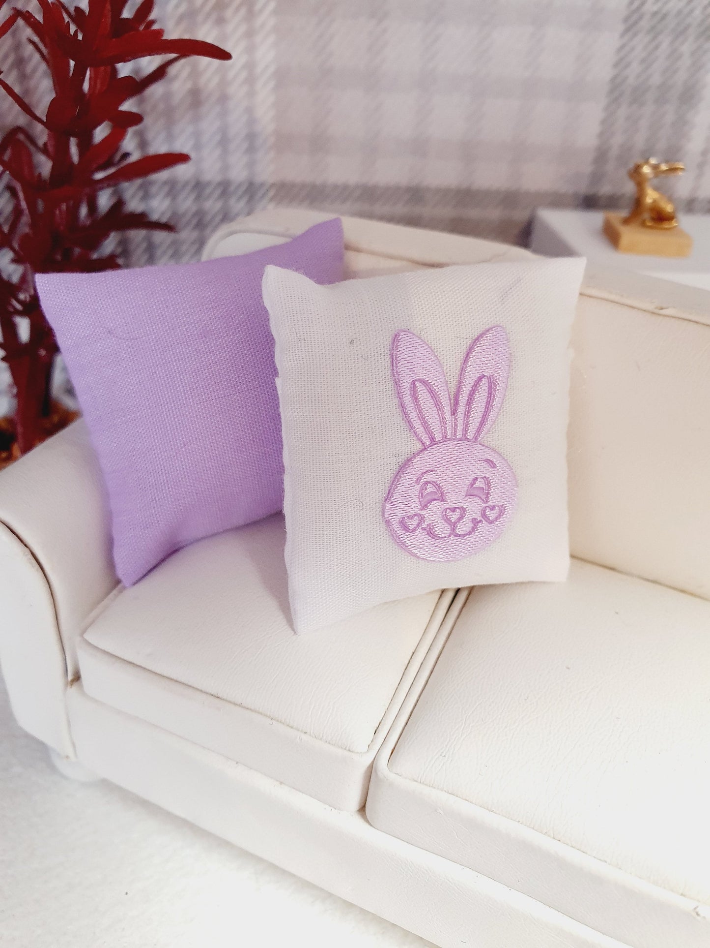 SALE!! Dolls house 2x Easter cushions, 1x Plain & 1x white with pink or lilac bunny, 12th scale cushions, miniature cushions