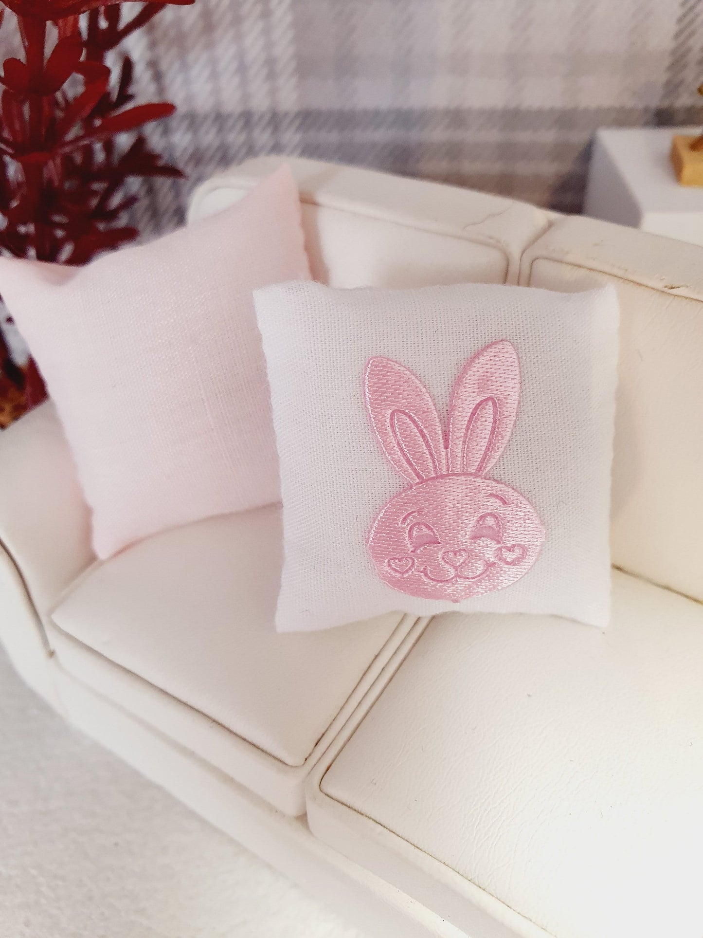 SALE!! Dolls house 2x Easter cushions, 1x Plain & 1x white with pink or lilac bunny, 12th scale cushions, miniature cushions