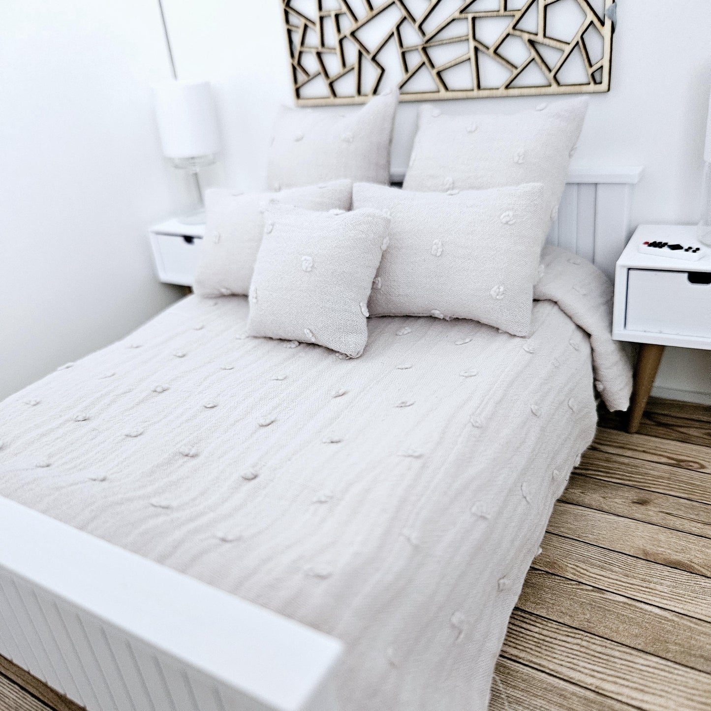 Dolls house 6 piece set, Pretty Light Grey double bedding set, 12th scale, miniature bedding