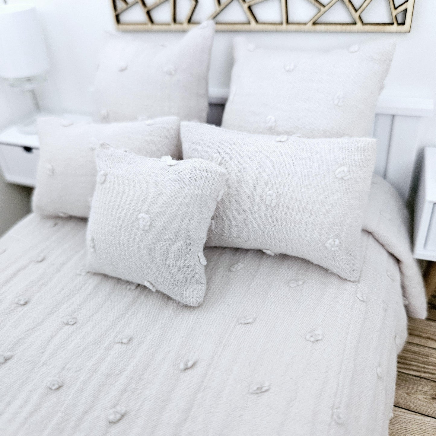Dolls house 6 piece set, Pretty Light Grey double bedding set, 12th scale, miniature bedding
