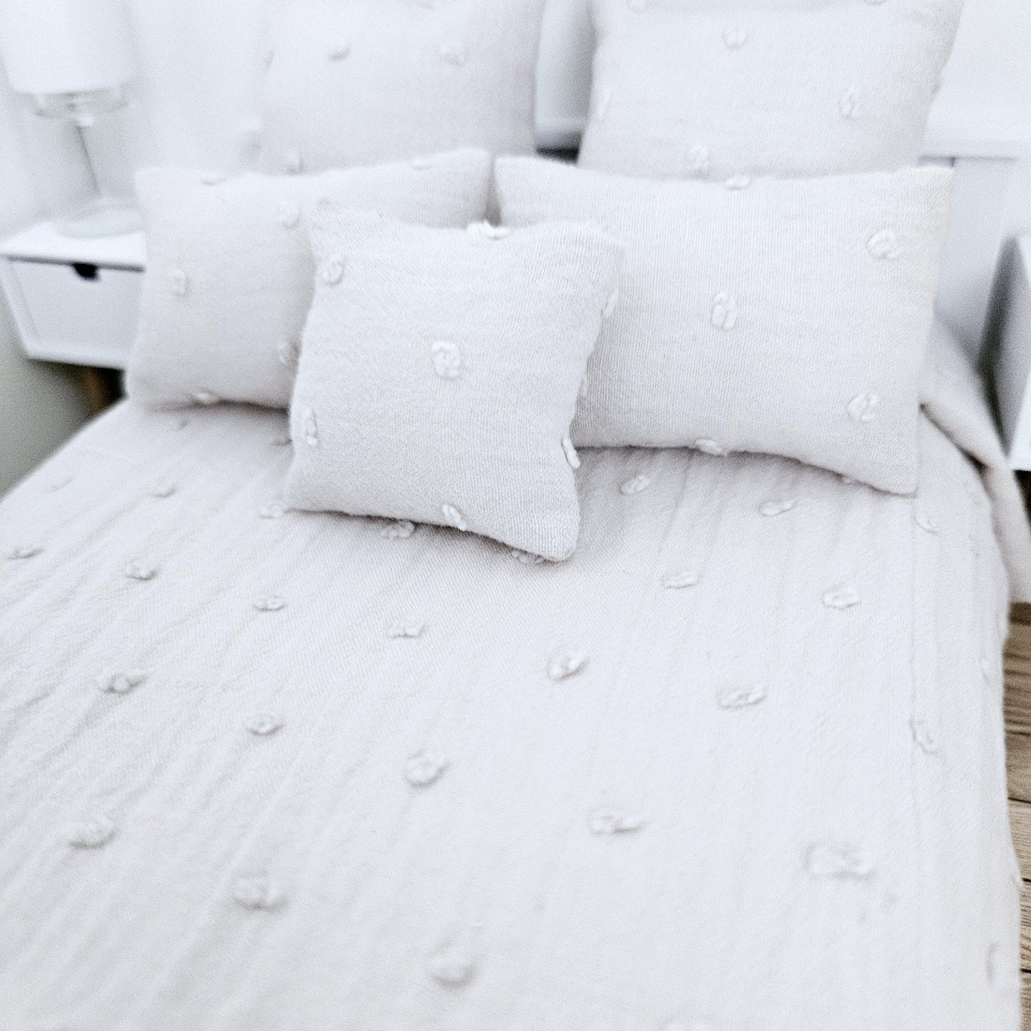 Dolls house 6 piece set, Pretty Light Grey double bedding set, 12th scale, miniature bedding