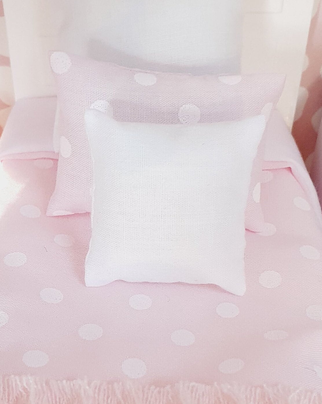SALE!! Dolls House Single Bedding Set, Pretty Polka Dot Design, Available in Blue, White, Pink, or Lilac – 1:12 Scale Miniature Bed Set