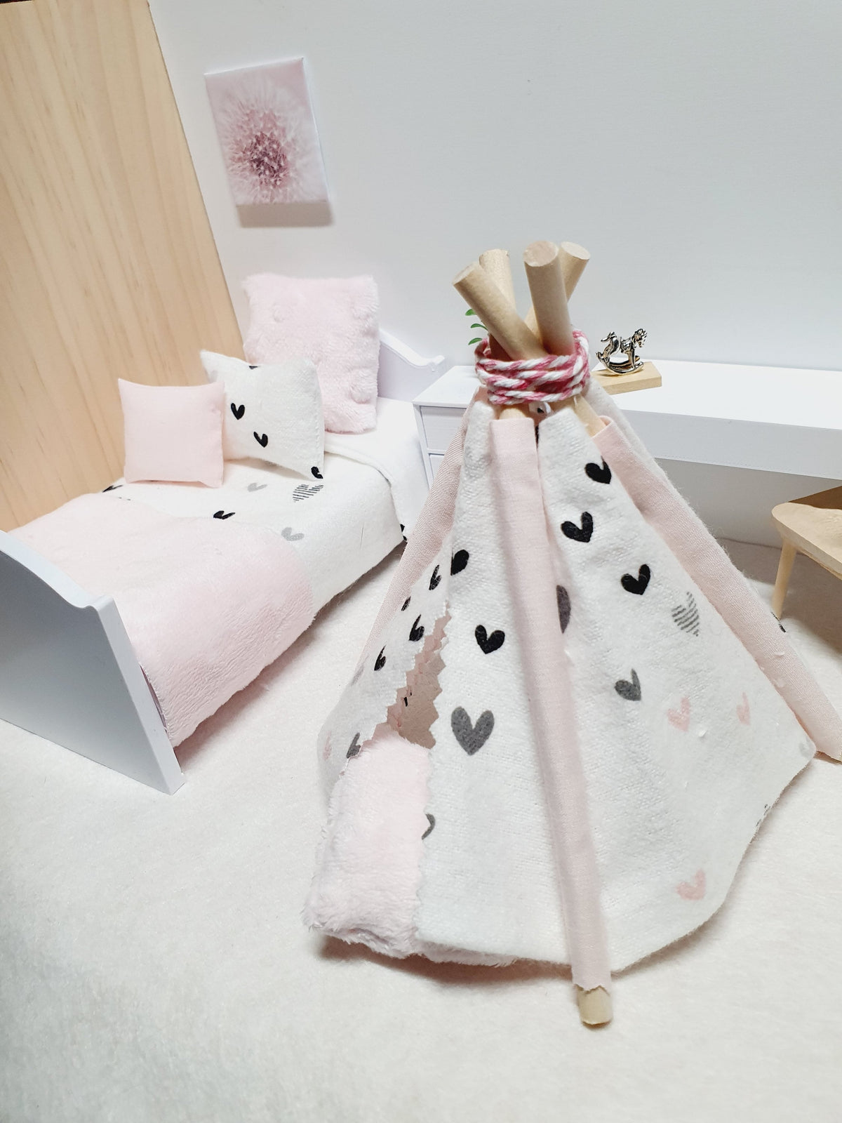 Dolls house Pretty pink & black heart TeePee with soft pink floor cushion, 12th scale tent, miniature teepee, Tipi, Tent