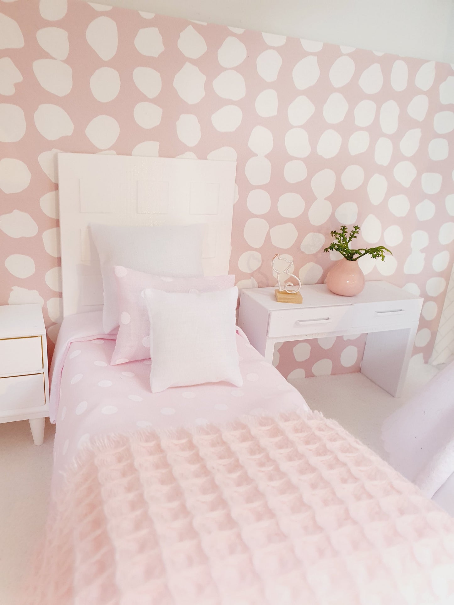 SALE!! Dolls House Single Bedding Set, Pretty Polka Dot Design, Available in Blue, White, Pink, or Lilac – 1:12 Scale Miniature Bed Set