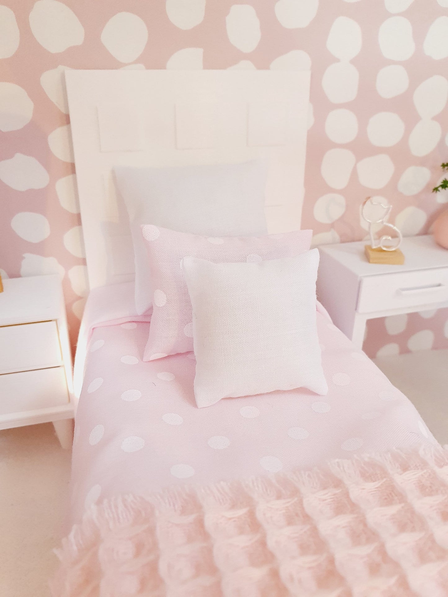 SALE!! Dolls House Single Bedding Set, Pretty Polka Dot Design, Available in Blue, White, Pink, or Lilac – 1:12 Scale Miniature Bed Set