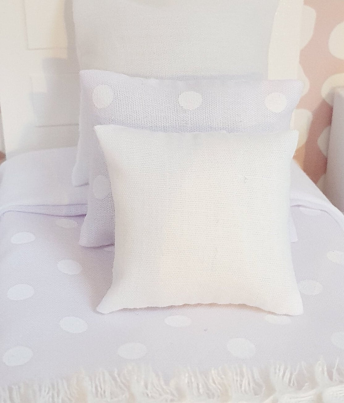 SALE!! Dolls House Single Bedding Set, Pretty Polka Dot Design, Available in Blue, White, Pink, or Lilac – 1:12 Scale Miniature Bed Set