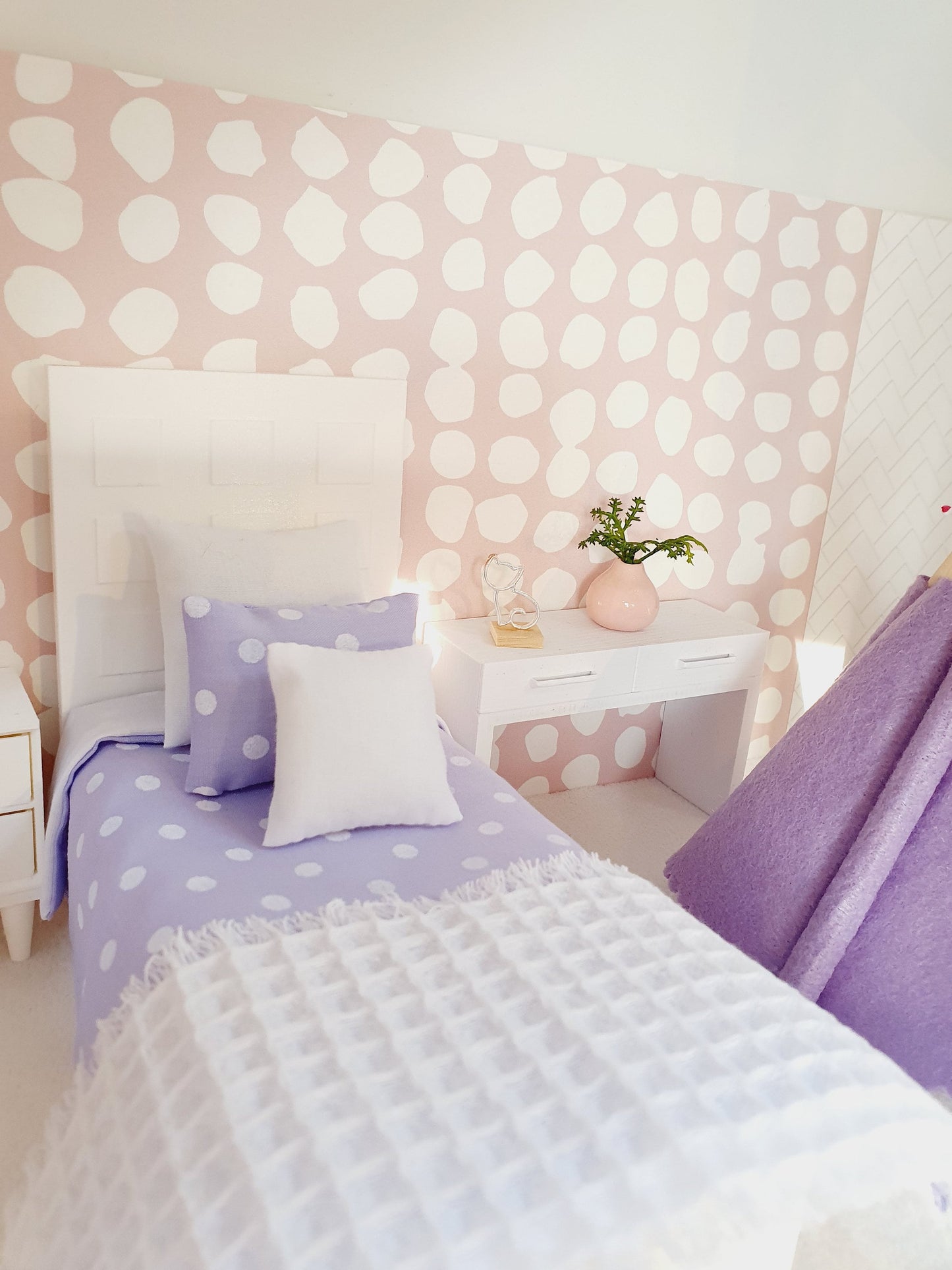 SALE!! Dolls House Single Bedding Set, Pretty Polka Dot Design, Available in Blue, White, Pink, or Lilac – 1:12 Scale Miniature Bed Set