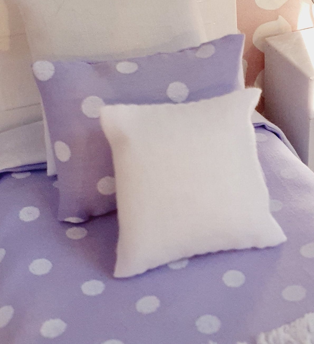 SALE!! Dolls House Single Bedding Set, Pretty Polka Dot Design, Available in Blue, White, Pink, or Lilac – 1:12 Scale Miniature Bed Set