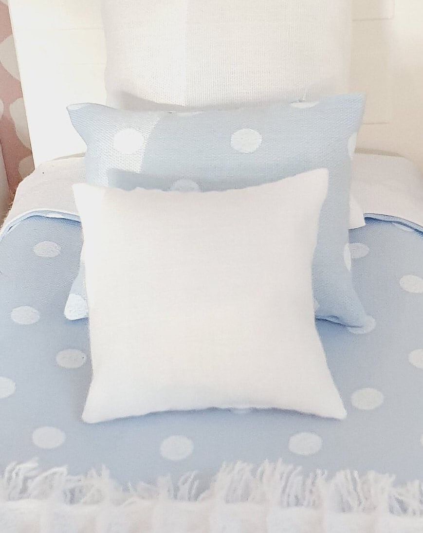 SALE!! Dolls House Single Bedding Set, Pretty Polka Dot Design, Available in Blue, White, Pink, or Lilac – 1:12 Scale Miniature Bed Set