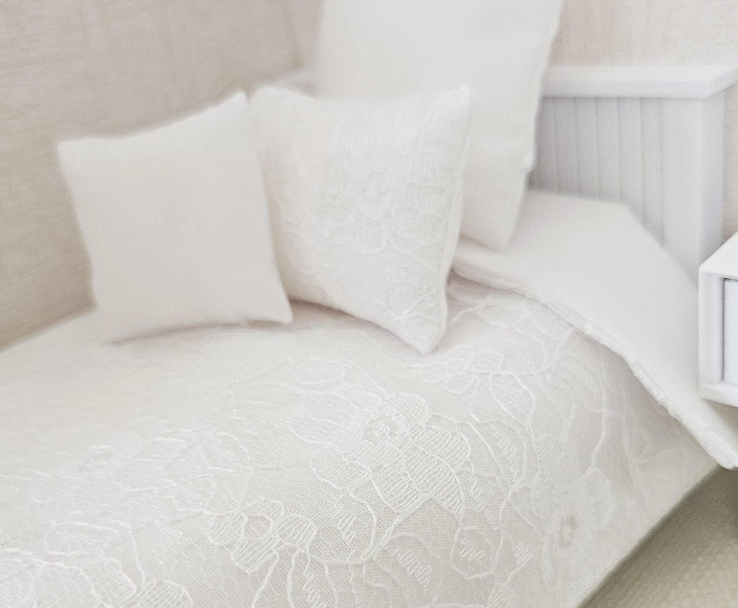 Dolls House White Lace Single bedding 4 Piece Set, 12th scale bedding, miniature bed set