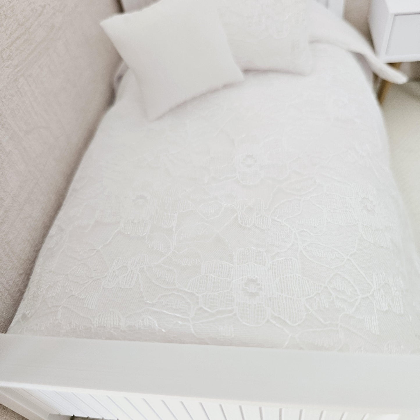 Dolls House White Lace Single bedding 4 Piece Set, 12th scale bedding, miniature bed set