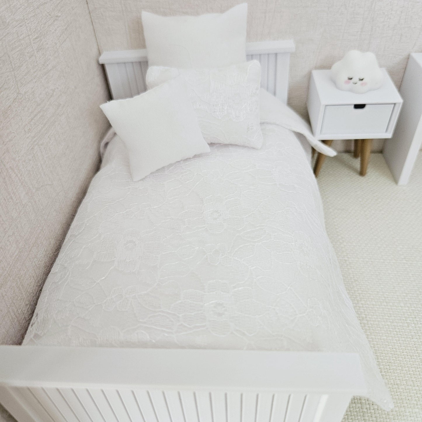 Dolls House White Lace Single bedding 4 Piece Set, 12th scale bedding, miniature bed set