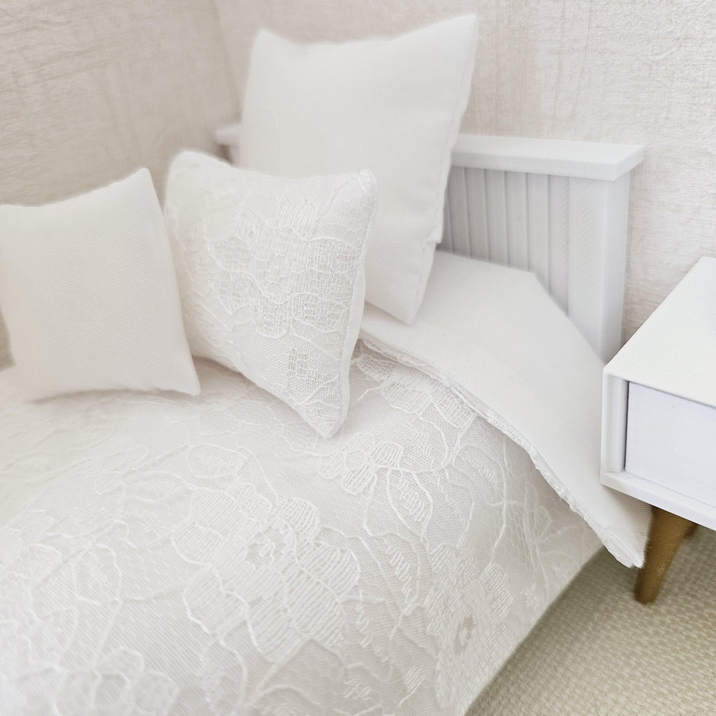 Dolls House White Lace Single bedding 4 Piece Set, 12th scale bedding, miniature bed set