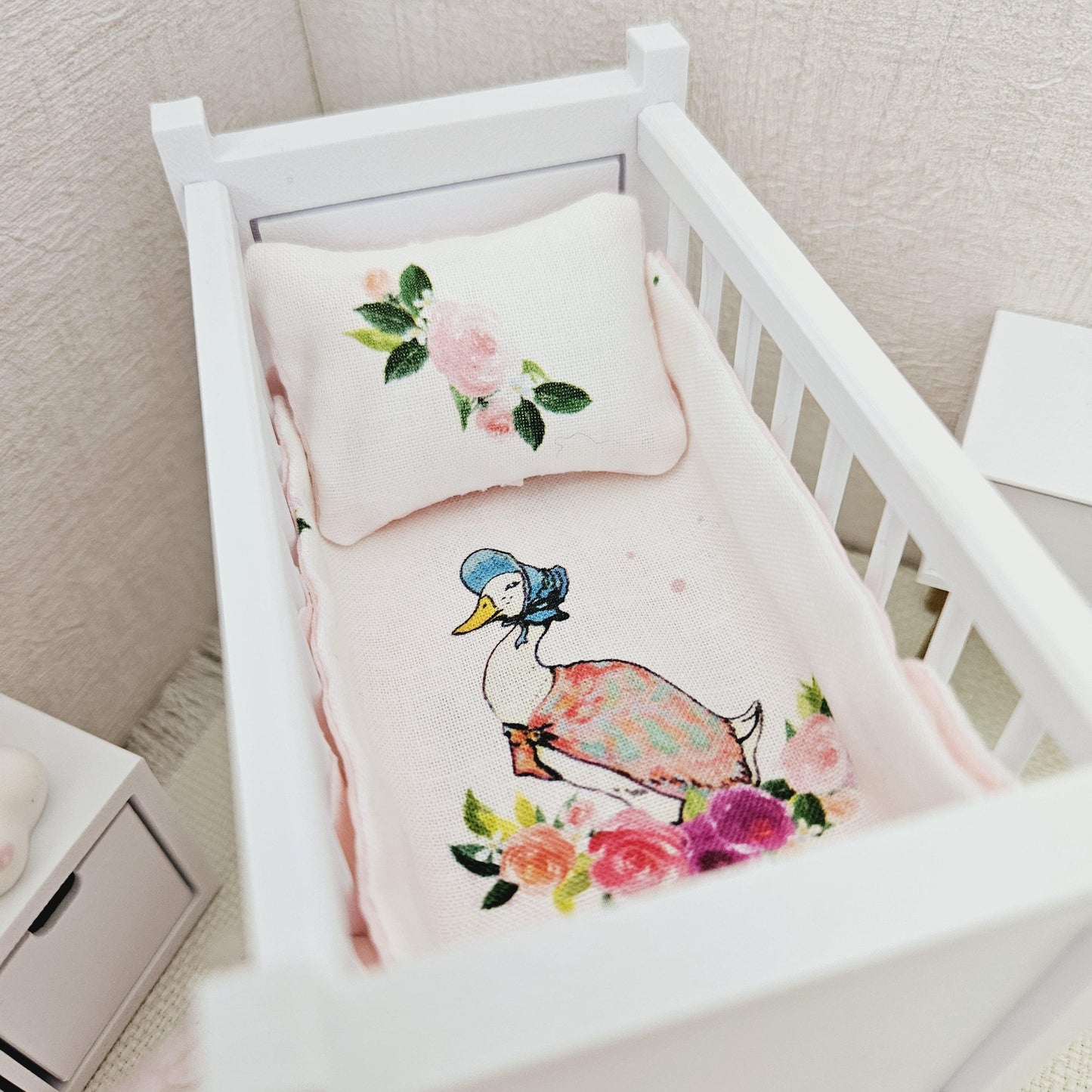 Dolls House Cot Bedding Set – Jemima Puddle Duck Design, Handmade in England, 1:12 Scale