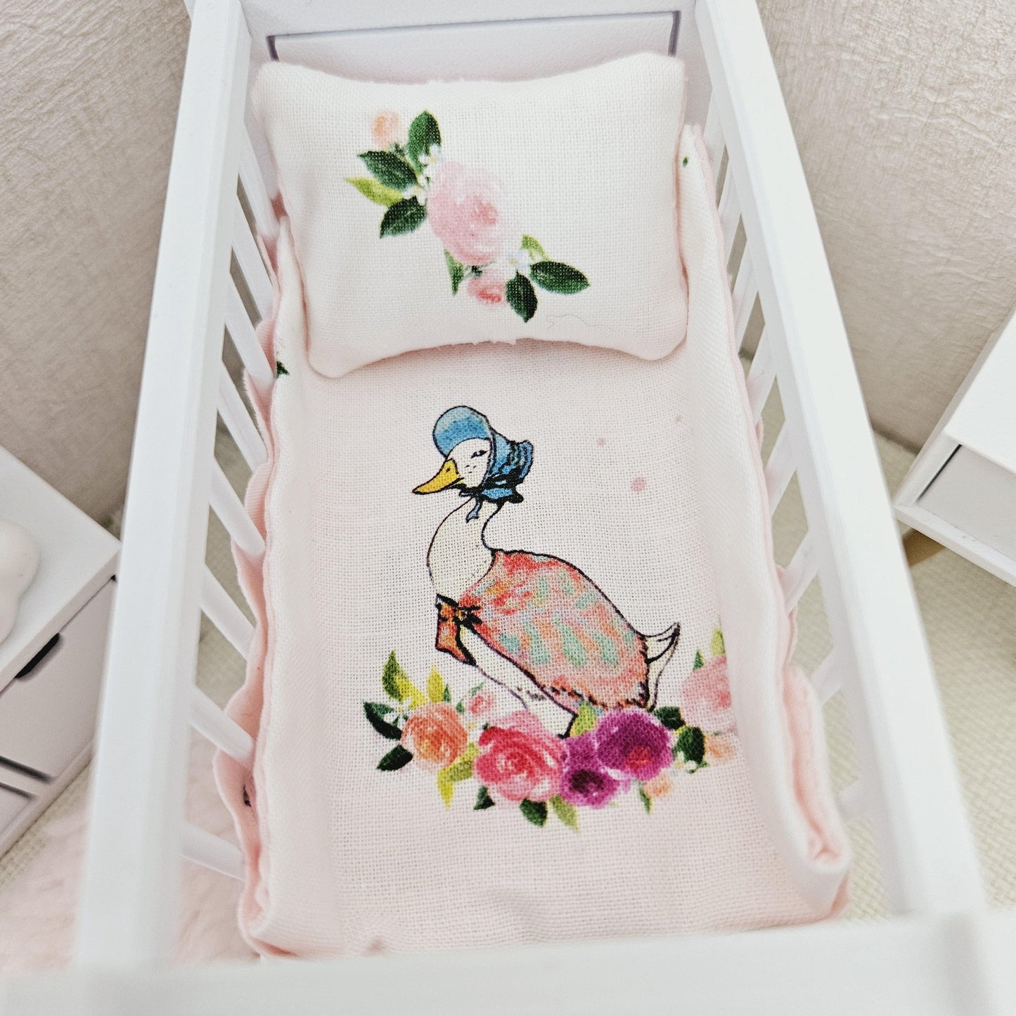 Dolls House Cot Bedding Set – Jemima Puddle Duck Design, Handmade in England, 1:12 Scale