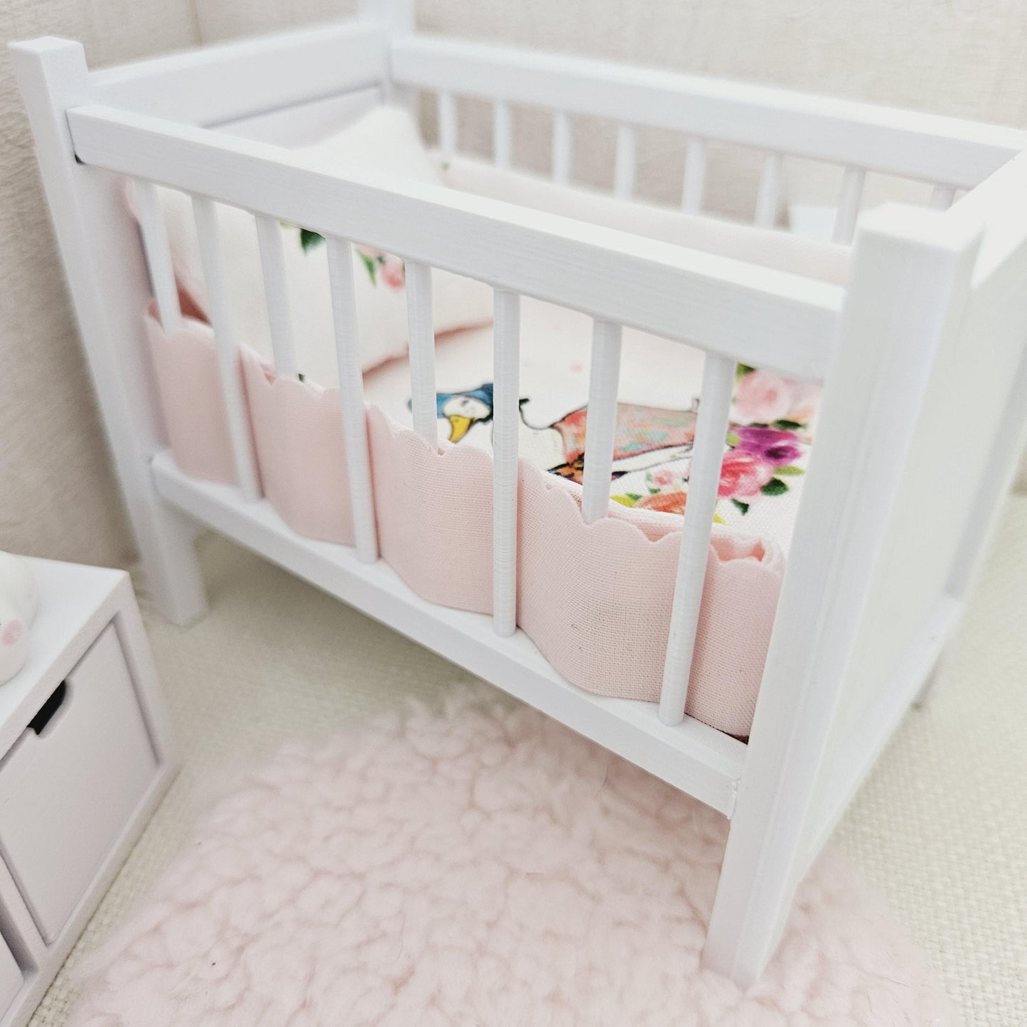 Dolls House Cot Bedding Set – Jemima Puddle Duck Design, Handmade in England, 1:12 Scale