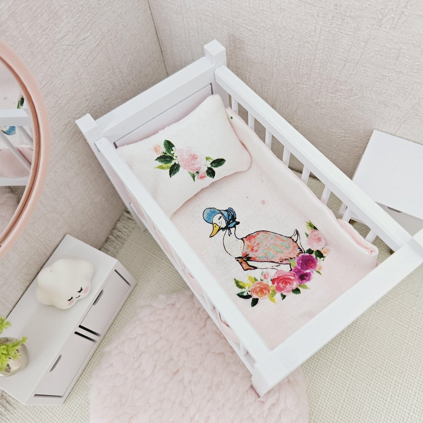 Dolls House Cot Bedding Set – Jemima Puddle Duck Design, Handmade in England, 1:12 Scale
