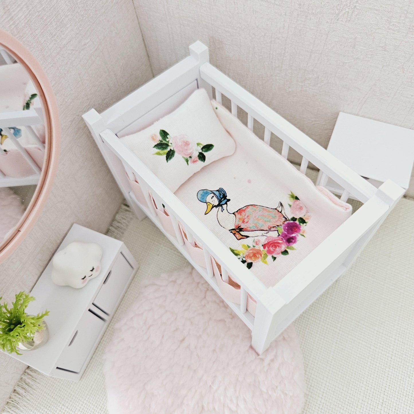 Dolls House Cot Bedding Set – Jemima Puddle Duck Design, Handmade in England, 1:12 Scale