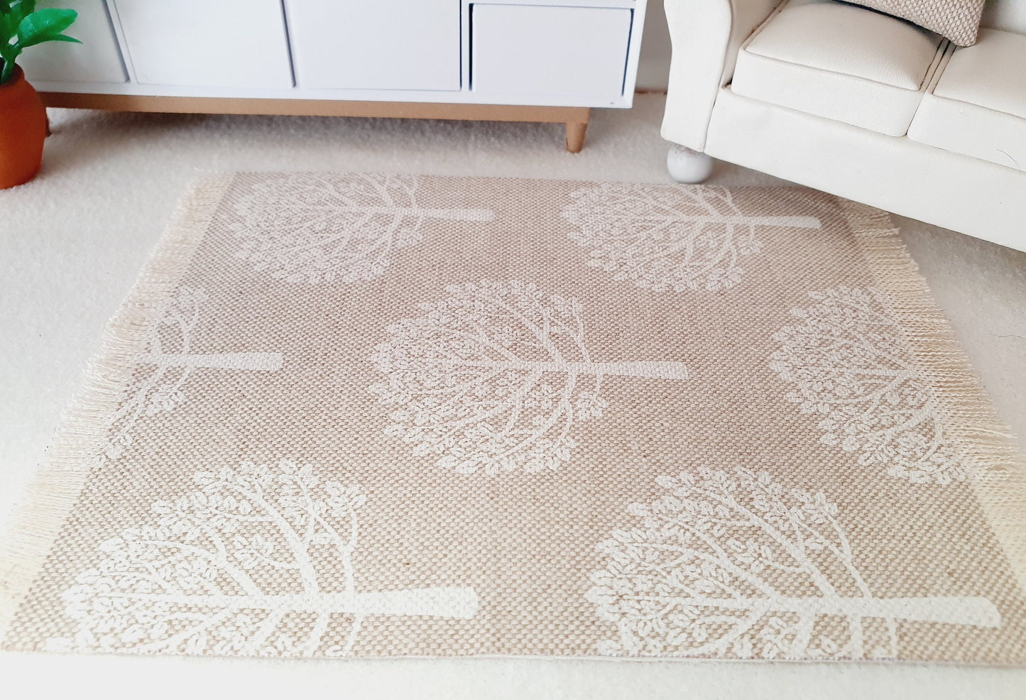 Dolls House Beige with White Trees Linen Look Rug | 1:12th Scale | Miniature Rug